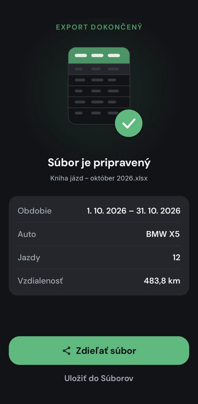 Dokončený export s BMW X5, dvanástimi jazdami a súborom Kniha jázd – október 2026.xlsx.